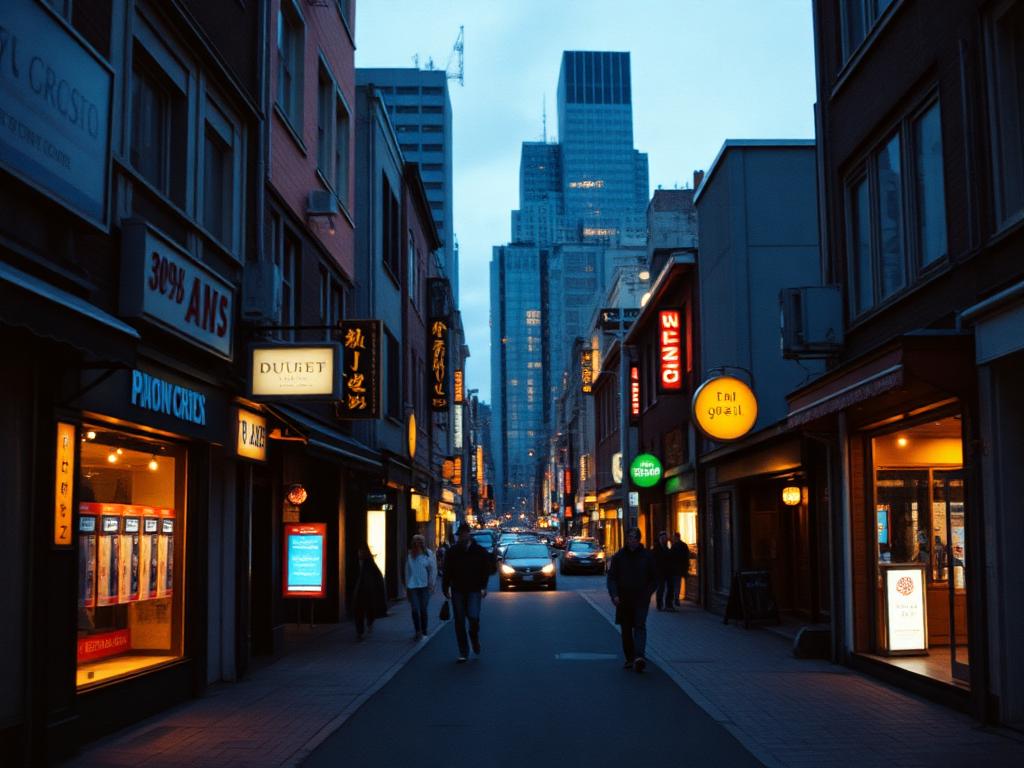 Multiple storefront windows with digital screens on busy neighbourhood street